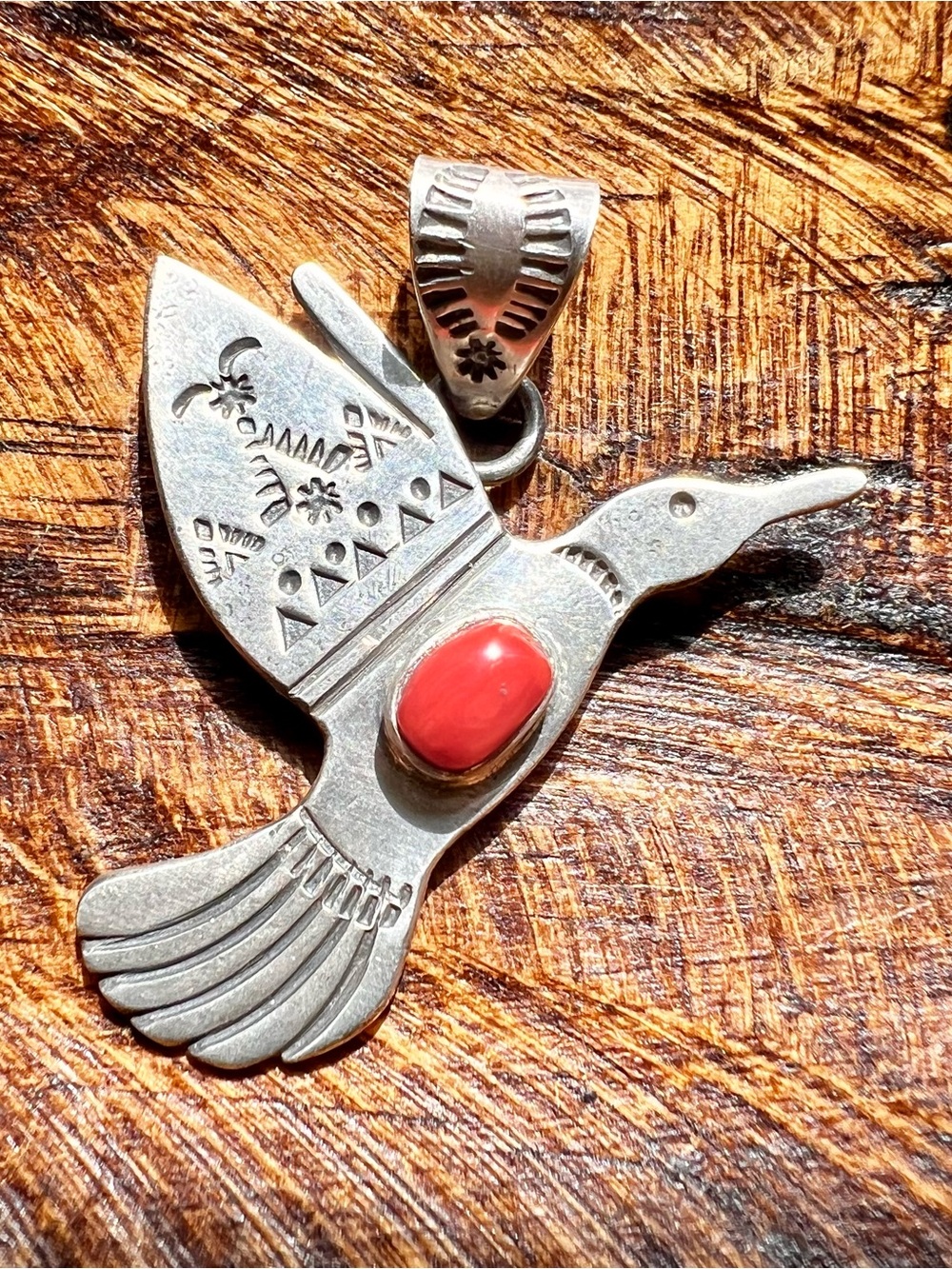 Sterling Silver Italian Red Coral Hummingbird Pendant